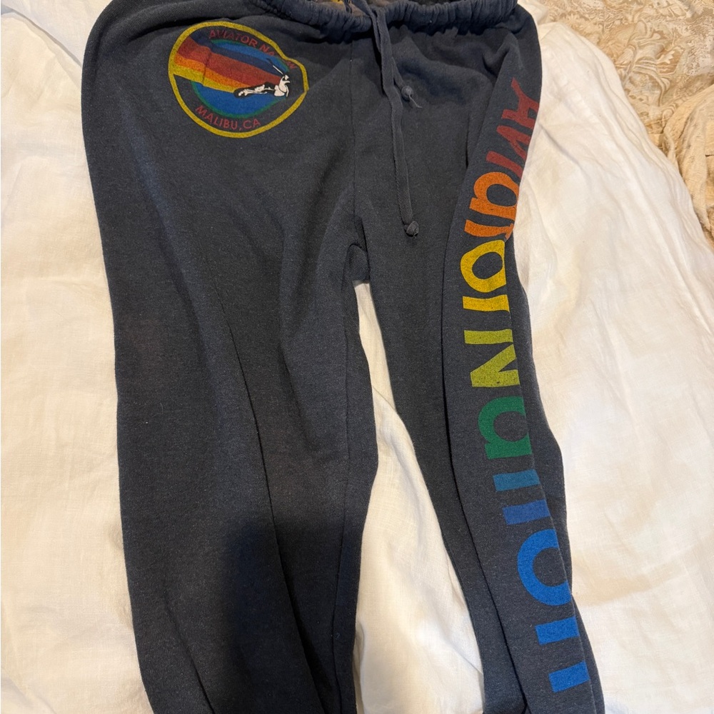 Aviator nation Black Sweatpants with Rainbow Logo and Side Lettering